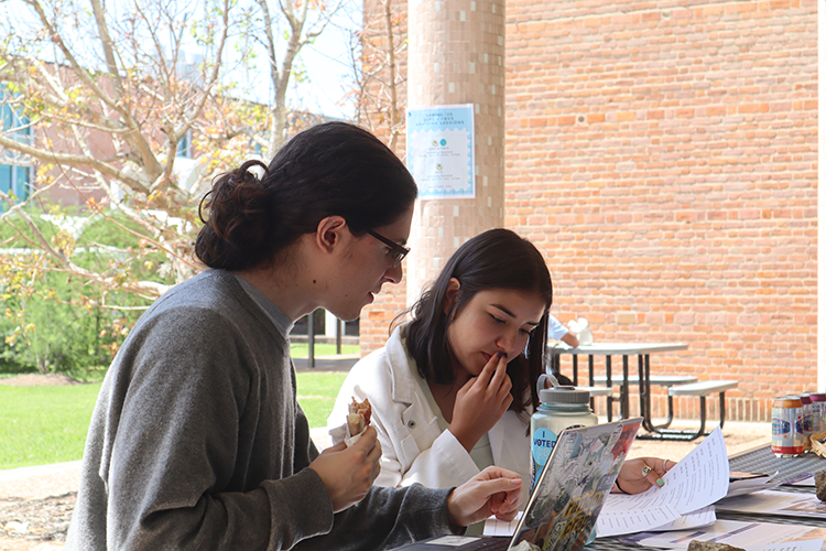 Two students looking at advising materials at a picnic table